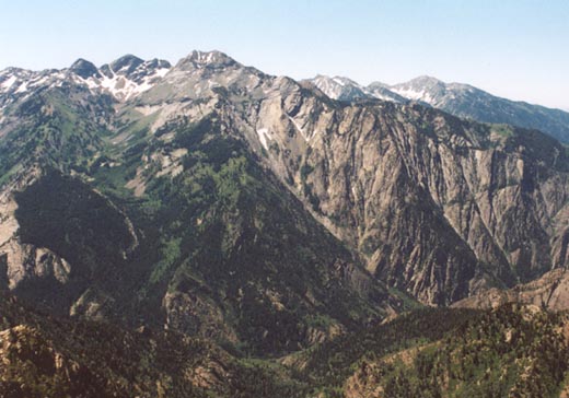 View south along Wildcat to Twin Peaks, Lone Peak wilderness areas